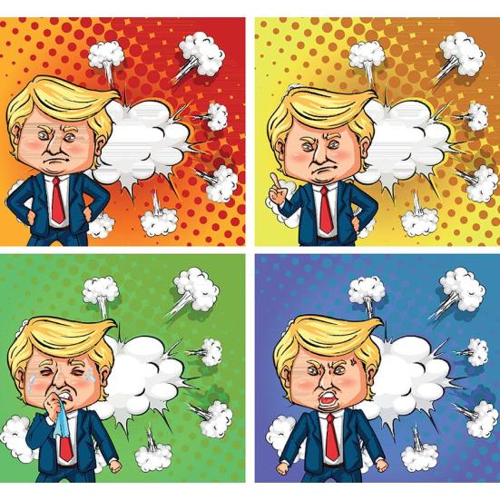 Fire små tegninger af Donald Trump som en sur lille mand