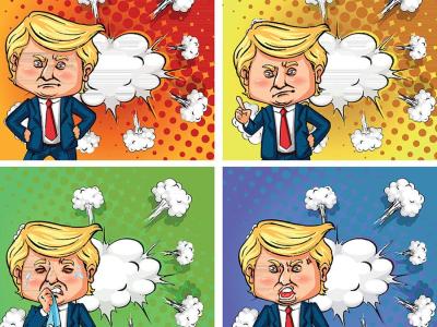 Fire små tegninger af Donald Trump som en sur lille mand