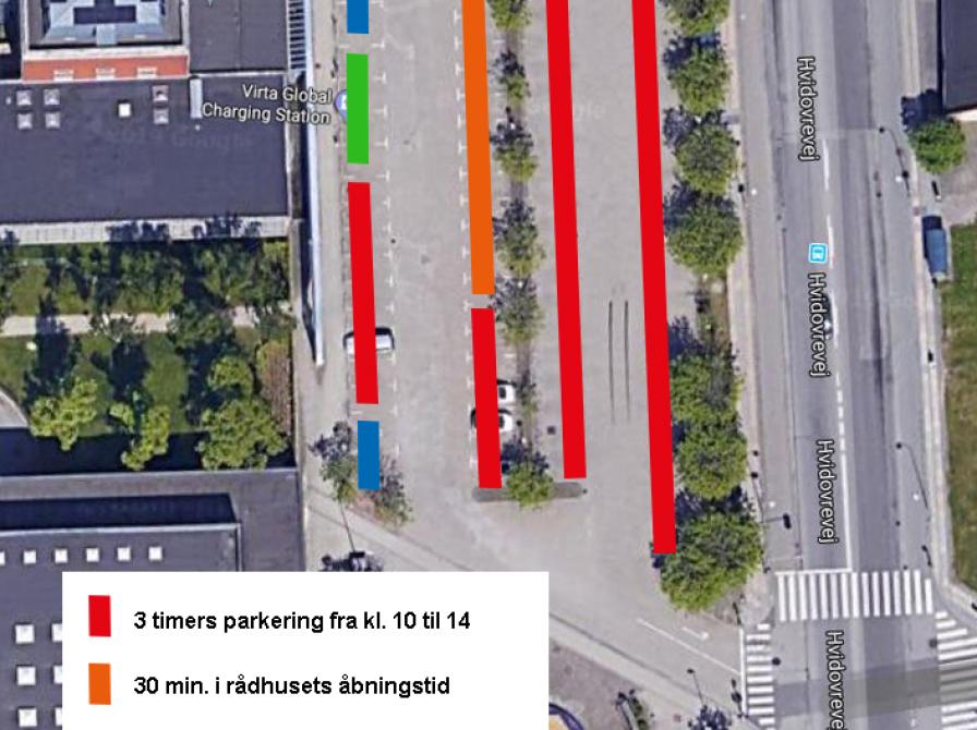 Luftkort over Hvidovre Hovedbiblioteket med farveindtegninger over den tidsbegrænsede parkering